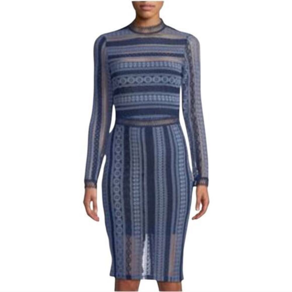 Alexia Admor Chic Blue Crocheted‎ Cutout Patterned Long Sleeve Dress Size Small